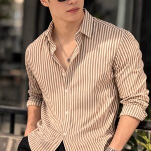 Home brown striped slim fit shirt